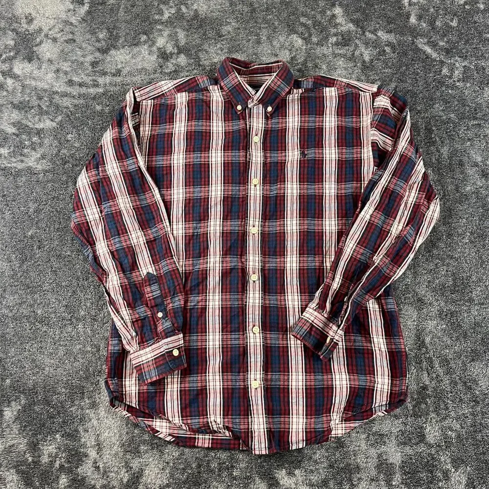 Ralph Lauren Button Up Boys L Long Sleeve Plaid Red Blue Pony Cotton